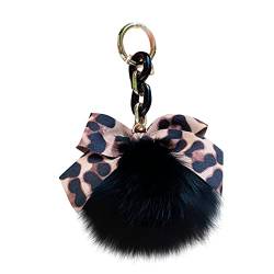 LSGGTIM Plüsch Schlüsselanhänger Pompom Ball mit Leopard Muster Bowknot Taschenanhänger Damen Bommel Keychain Plüschball Pom Pom Schlüsselbund Auto Schlüsselanhänger für Frauen Mädchen-15cmx9cm von LSGGTIM