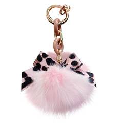 Plüsch Schlüsselanhänger Pompom Ball mit Leopard Muster Bowknot Taschenanhänger Damen Bommel Keychain Plüschball Pom Pom Schlüsselbund Auto Schlüsselanhänger für Frauen Mädchen-15cmx9cm von LSGGTIM