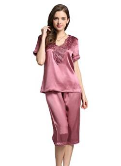 LSHARON Damen Sexy 100% Maulbeerseide Kurze Ärmel Pyjama Sets Nachtwäsche Nachthemd Gr. 36, dunkelrosa von LSHARON