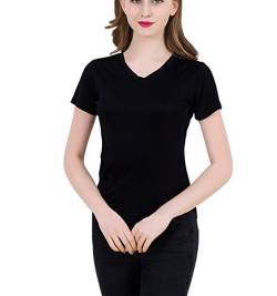 LSHARON Damen T-Shirt aus 100% Maulbeerseide, kurzärmelig, V-Ausschnitt Gr. Small, Schwarz von LSHARON