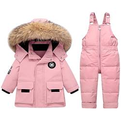 LSHDCER Baby Kleinkind Schneeanzug Jungen Mädchen Winteranzug Skianzug Daunenjacke mit Fellkapuze & Daunenhose Bekleidungsset 2tlg Outfit, Rosa, 86 von LSHDCER