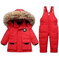 LSHDCER Baby Kleinkind Schneeanzug Jungen Mädchen Winteranzug Skianzug Daunenjacke mit Fellkapuze & Daunenhose Bekleidungsset 2tlg Outfit, Rot, 86 von LSHDCER