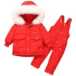 LSHDCER Baby Schneeanzug Winter Bekleidungsset Daunenanzug Daunenjacke mit Fellkapuze & Daunenhose Jungen Mädchen Winteranzug Skianzug, Rot, 92-98 von LSHDCER