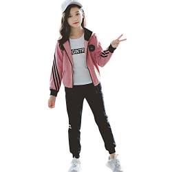 LSHDCER Kinder Jogginganzug Mädchen Bekleidungsset 2tlg/3tlg Sportanzug Trainingsanzug Trainingsjacke (Langarmshirt) Jogginghose Outfit-Set, 122-128, Rosa 3tlg von LSHDCER