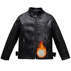 LSHDCER Kinder Jungen Lederjacke Übergangsjacke Motorrad Lederimitat Mantel Frühling Herbst Kunstleder Bikerjacke, Schwarz(Plüsch) C, 152-158 von LSHDCER