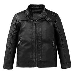 LSHDCER Kinder Jungen Lederjacke Übergangsjacke Motorrad Lederimitat Mantel Frühling Herbst Kunstleder Bikerjacke, Schwarz D, 134-140 von LSHDCER