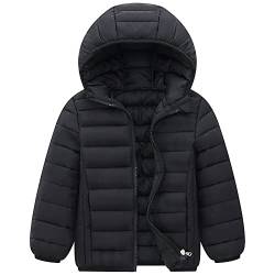 LSHDCER Kinder Leichter Daunenmantel Jungen Steppjacke aus Baumwolle Langarm Wintermantel Mädchen Mit Kapuze Einfarbige, Schwarz, 104-110 von LSHDCER