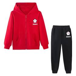 LSHDCER Kinder Mädchen Jogginganzug Trainingsanzug Sweatjacke & Sweathose Outfit-Set Bekleidungsset 2tlg Sportanzug, Blumen (Rot+Schwarz), 134-140 (Etikettengröße: 140) von LSHDCER