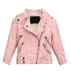 LSHDCER Kinder Mädchen Lederjacke Übergangsjacke Motorrad Lederimitat Mantel Frühling Herbst Kunstleder Bikerjacke, Rosa(Plüsch), 86 von LSHDCER