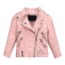 LSHDCER Kinder Mädchen Lederjacke Übergangsjacke Motorrad Lederimitat Mantel Frühling Herbst Kunstleder Bikerjacke, Rosa, 104-110 von LSHDCER