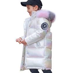 LSHDCER Kinder Winterjacke Mädchen Wintermantel mit Fellkapuze Warm Daunenjacke Steppjacke Lange Winter Parka Kinderjacke, Weiß, 152-158 von LSHDCER