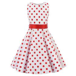 LSHEL 50er-Jahre-Stil Kinder Mädchen Vintage Print Abendkleid Rockabilly Kleid Retro Faltenkleid, Weiß, 9-10 Jahre alt von LSHEL