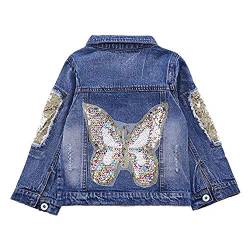 LSHEL Jeansjacke Mädchen Langarm Denim Jacket Kinder Schmetterlinge Übergangsjacke mit Pailletten, Schmetterling, 116(körpergröße: 106-110 cm) von LSHEL