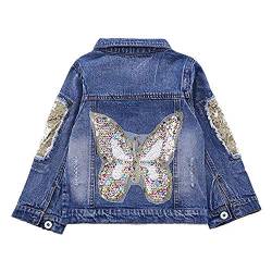 LSHEL Jeansjacke Mädchen Langarm Denim Jacket Kinder Schmetterlinge Übergangsjacke mit Pailletten, Schmetterling, 122-128(körpergröße: 114-119 cm) von LSHEL