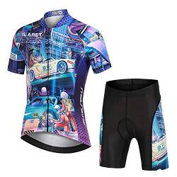 LSHEL Kinder Jungen Radtrikot Set, Mädchen Radbekleidung Anzüge, Quick Dry Radsportanzug, Fahrradtrikot Kurzarm und 3D Sitzpolster Radhose, Rennwagen, 104/110(Herstellergröße: S) von LSHEL