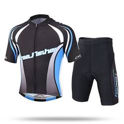 LSHEL Kinder Jungen Radtrikot Set Mädchen Fahrrad Trikot Kurzarm und Radhose mit Sitzpolster Radsport Anzüge, Schwarz blau, 152/158(Herstellergröße: XXXL) von LSHEL