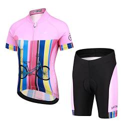 LSHEL Kinder Radtrikot Set, Jungen Radbekleidung Anzüge, Quick Dry Mädchen Radsportanzug, Fahrradtrikot Kurzarm und Radhose mit 3D Sitzpolster für Radfahren MTB, Rosa, XL von LSHEL