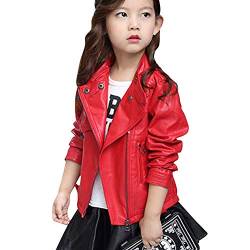 LSHEL Kinderbekleidung Frühjahr und Herbst Neue Mädchen Mode Lederjacke mit Reißverschluss, Rot, 146(Empfohlene Höhe 140cm) von LSHEL