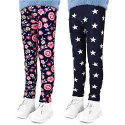 LSHEL Thermoleggings Mädchen Kinder Leggings Gefütterte Leggins Herbst Winter Warm Hose Thermohose Thermoleggins 2 Stück, Blume + Weiße Sterne, 110/2-3 Jahre von LSHEL