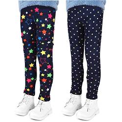 LSHEL Thermoleggings Mädchen Kinder Leggings Gefütterte Leggins Herbst Winter Warm Hose Thermohose Thermoleggins 2 Stück, Farbige Punkte+Stern auf Schwarz, 120/3-4 Jahre von LSHEL