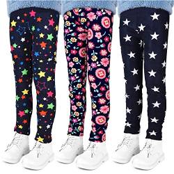 LSHEL Thermoleggings Mädchen Kinder Leggings Gefütterte Leggins Herbst Winter Warm Hose Thermohose Thermoleggins 3 Stück, Blume+Stern auf Schwarz+Weiße Sterne, 110/2-3 Jahre von LSHEL