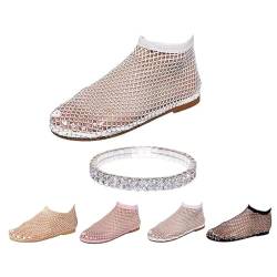 Belifi Fischmaul-Sandalen für Damen, Stretch-Fischnetzstrümpfe, hohl, kurz, ultra-bequem, glänzendes Edelstein-Mesh-Flats, glitzernde Schuhe, weiß, 36.5 EU von LTHTX