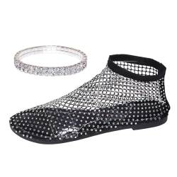 Sehr bequeme, glänzende Netz-Flats mit Edelsteinen, glitzernde, dehnbare Netzschuhe, atmungsaktives Netz, Ballerinas für Damen, Schwarz , 39 EU von LTHTX