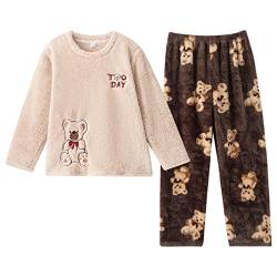 LUBOSEWinter-Flanell-Damen-niedlicher Cartoon-verdickter Langarm-Pyjama-Pullover-Homewear-Korallen-Fleece-Set-Bär,L von LUBOSE