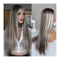 Perücken Langes glattes Haar, aschblonde Highlights, Spitzenperücken, vorgezupfter natürlicher Haaransatz, T-Teil, kleberlose, hitzebeständige, synthetische Lace-Front-Perücken for Frauen Für die tägl von LUCBEI