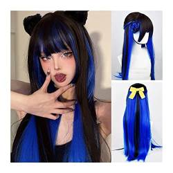 Perücken Schwarze gemischte blaue Perücke mit Pony 80 cm lange glatte Haarperücke synthetische gerade Cosplay-Perücke atmungsaktive hitzebeständige Faserperücke Party-Halloween-Verwendung Für die tägl von LUCBEI