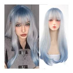 Perücken Silberweiße Perücken mit Pony Lange natürliche gewellte synthetische Perücken for Frauen Blaue Wurzeln Ombre Silberweiße hitzebeständige Faserperücken for das tägliche Cosplay Für die täglich von LUCBEI