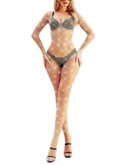 LUCKELF Damen Classic Fischnetz Bodystocking Dessous Party Sparkle Strass Strümpfe Einteiler, Hautfarben, Einheitsgröße von LUCKELF