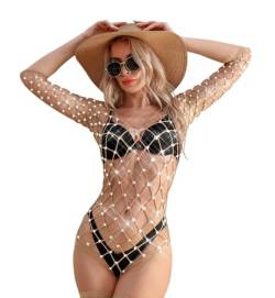 LUCKELF Damen Glitzernder Fischnetz-Body Langarm Mesh Dessous Strass Stretch Bodystocking Schulterfreies Outfit, Hautfarben, Einheitsgröße von LUCKELF