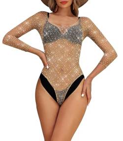 LUCKELF Damen Schwarz Fischnetz Bodysuit Sparkle Strass Top Dessous Tanga Bodysuit, Hautfarben, L-XL von LUCKELF