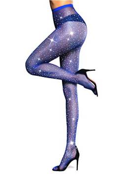 LUCKELF Sexy Hohe Taille Strumpfhosen Funkeln Strass Netzstrümpfe Party Strass Mesh Strümpfe, Blau, 5X-Large von LUCKELF