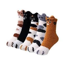 5 Paar Fuzzy-Socken mit Katzenpfoten,Warme flauschige Socken für Frauen,Damen Plüsch Korallen Socken,Winter gemütlich Mädchen super weich Fuzzy Home Bett Socken,Winter Warme Socken,Katze Pfote Socken von LUCKKY