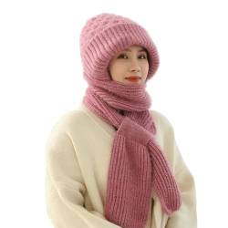 LUCKKY Damen Verdickter Warmer Einteiliger Hutschal, Integrated Ear Protection Windproof Cap Scarf, 2 in 1 Schalmütze Damen Wintermütze Schal Set, Winter Warme Strickmütze Schal (Rosa) von LUCKKY