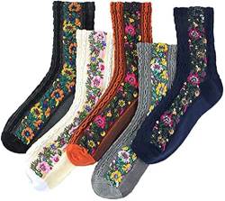 LUCKKY Vintage Socken mit Blumenstickerei (5 Paar) Frauen Blumen Baumwolle Socken,Vintage Blumen Socken mit Spitzen,Mädchen Retro Süße Bunte Freizeitsocken,Damen Vintage bestickte Blumensocken von LUCKKY