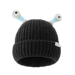 Winter Parent-Child Cute Glowing Little Monster Knit Hat, Eltern-Kind Beanie Mütze, lustige leuchtende Monster-Strickmütze, Wintermütze Mütze Warme Strickmütze für Damen, Mädchen (Schwarz) von LUCKKY