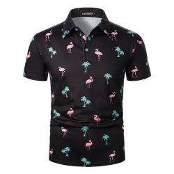 LUJENGEFA Herren Casual Kurzarm Poloshirt Sommer Urlaub Strand Tropische Tops Golf Shirts für Herren, Black Flamingo, XL von LUJENGEFA