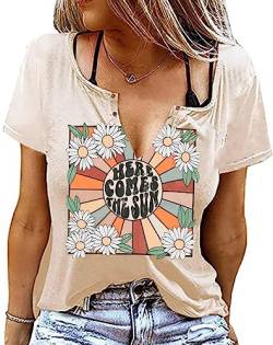 Here Come The Sun Shirt Damen Cute Floral Graphic Tshirt Travel Beach Vacation Shirt Casual Holiday Summer Tee Tops, V-Ausschnitt Aprikose, Klein von LUKYCILD