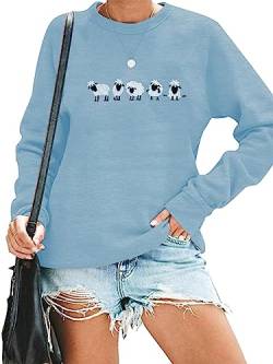 LUKYCILD Besticktes Schaf-Sweatshirt für Damen, niedliche Bauernhof-Hemden, lustiger Tierpullover, Herbst, lässig, langärmelig, Blau, M von LUKYCILD