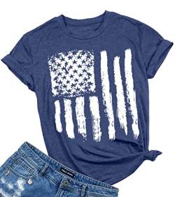 T-Shirt mit amerikanischer Flagge, patriotische Sterne, Streifen, T-Shirt, Top, Frauen, kurzärmlig, lässiger Grafikdruck - Blau - Mittel von LUKYCILD