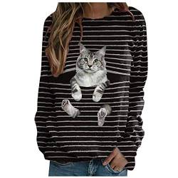 LULUZ Damen Langarmshirt Sweatshirt mit 3D Tier Katze Gestreifte Drucken Motiv T-Shirt Lange Ärmel Bluse Frühling Herbst Warm Halten Rundhals Oberteile Lässig Mode Bequeme Streetwear Tops von LULUD