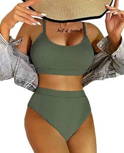 LUNNTE Bikini Damen Set Hohe Taille Bauchkontrolle Gerippte Crop Top Brasilianischer Push Up Zweiteiliger Badeanzug (Grün, S) von LUNNTE