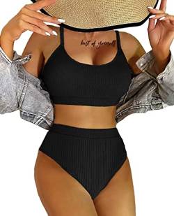 LUNNTE Bikini Damen Set Hohe Taille Bauchkontrolle Gerippte Crop Top Brasilianischer Push Up Zweiteiliger Badeanzug (Schwarz, S) von LUNNTE