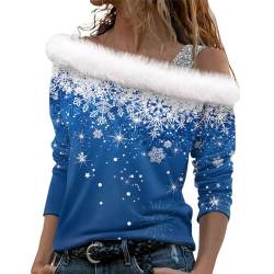 Damen Bluse Weihnachts Sweatshirt Tshirt Strickjacke Weihnachten 3D Druck Plüsch Schulterfrei Langarm Pulli Shirt Mit Schulterriemen Xmas Strickjacken Für Damen (Blue, S) von LUNULE
