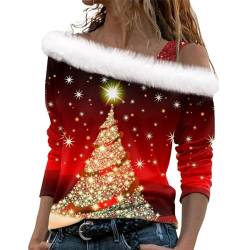 Damen Pullover Elegant Weihnachtsshirt Damen Pullover Herbst Wandershirt Damen Weihnachten 3D Druck Plüsch Schulterfrei Langarm Pulli Shirt Mit Schulterriemen Xmas Long Shirt Damen Lang (Red, Xxl) von LUNULE