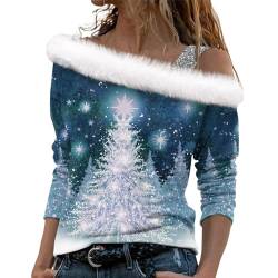Damen Sweater Weihnachts Hoodie Für Damen Blusenshirt Damen Langarmshirt Weihnachten 3D Druck Plüsch Schulterfrei Langarm Pulli Shirt Mit Schulterriemen Xmas Damen Strickjacke Lang (Gray, XXL) von LUNULE