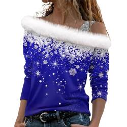 Damen Sweatshirt Rundhals Langarmshirt Skiunterwäsche Damen Sexy Outfit Für Damen Weihnachten 3D Druck Plüsch Schulterfrei Langarm Pulli Shirt Mit Schulterriemen Xmas Yoga Kleidung Damen (Blue, L) von LUNULE
